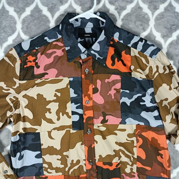 Diesel Shirt Mens Small Camo Patchwork Button Down Long Sleeve Cotton - Picture 1 of 12